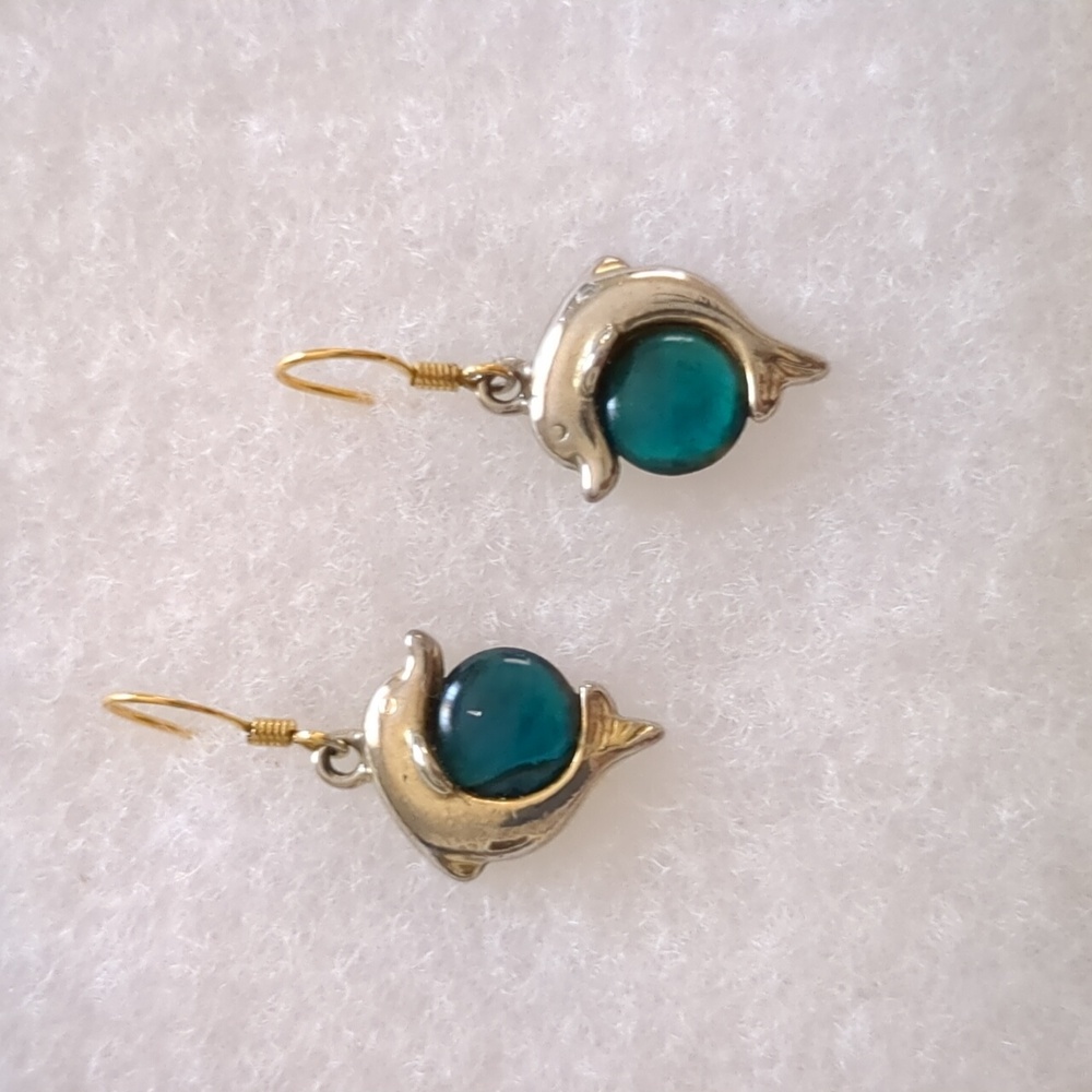 Vintage Silver Tone & Blue Resin Dolphin Dangle Earrings